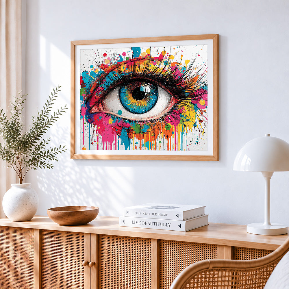 Paint splash colourful eye paint by numbers artwork displayed on wall as home decor