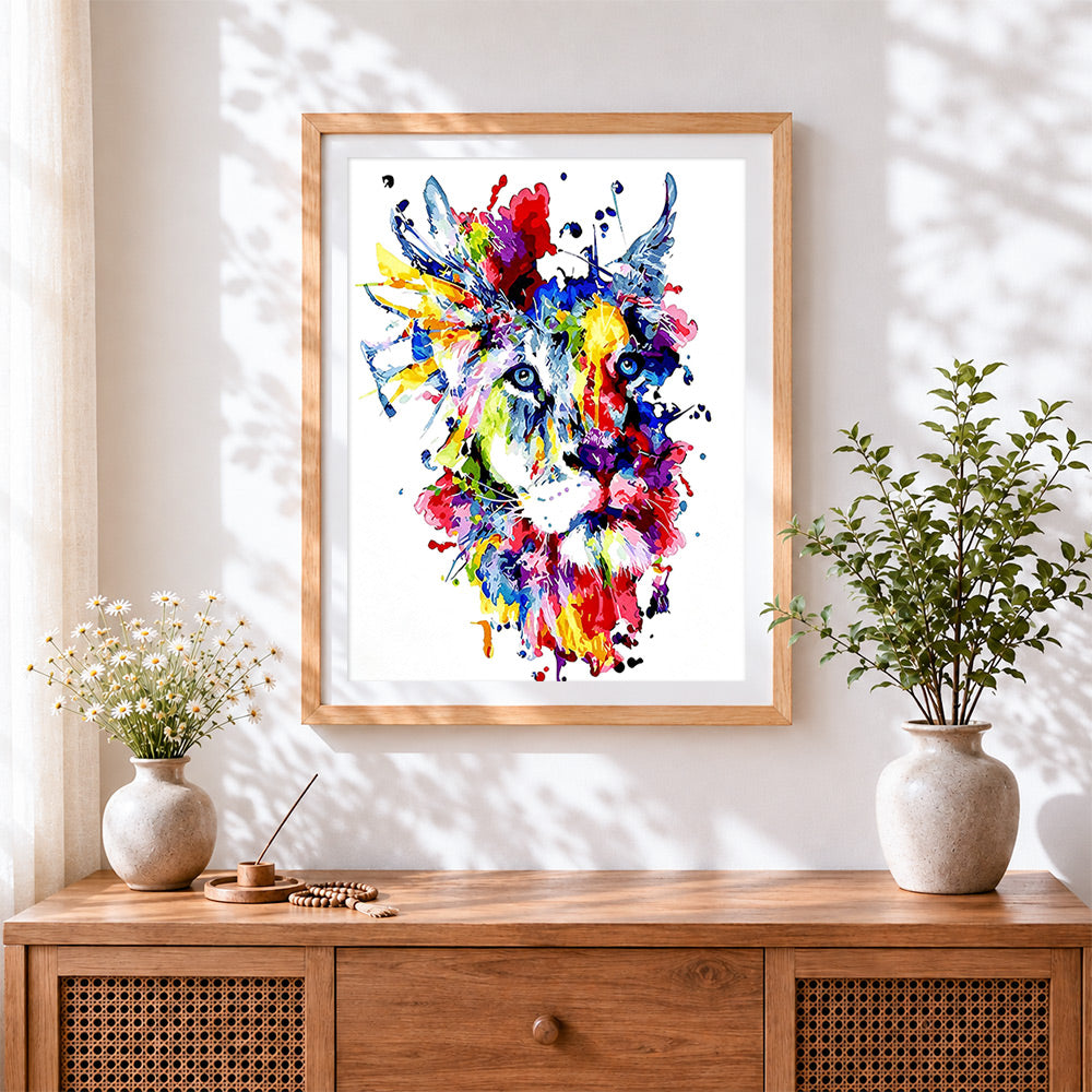 Finished paint splash lion portrait cross stitch artwork displayed
