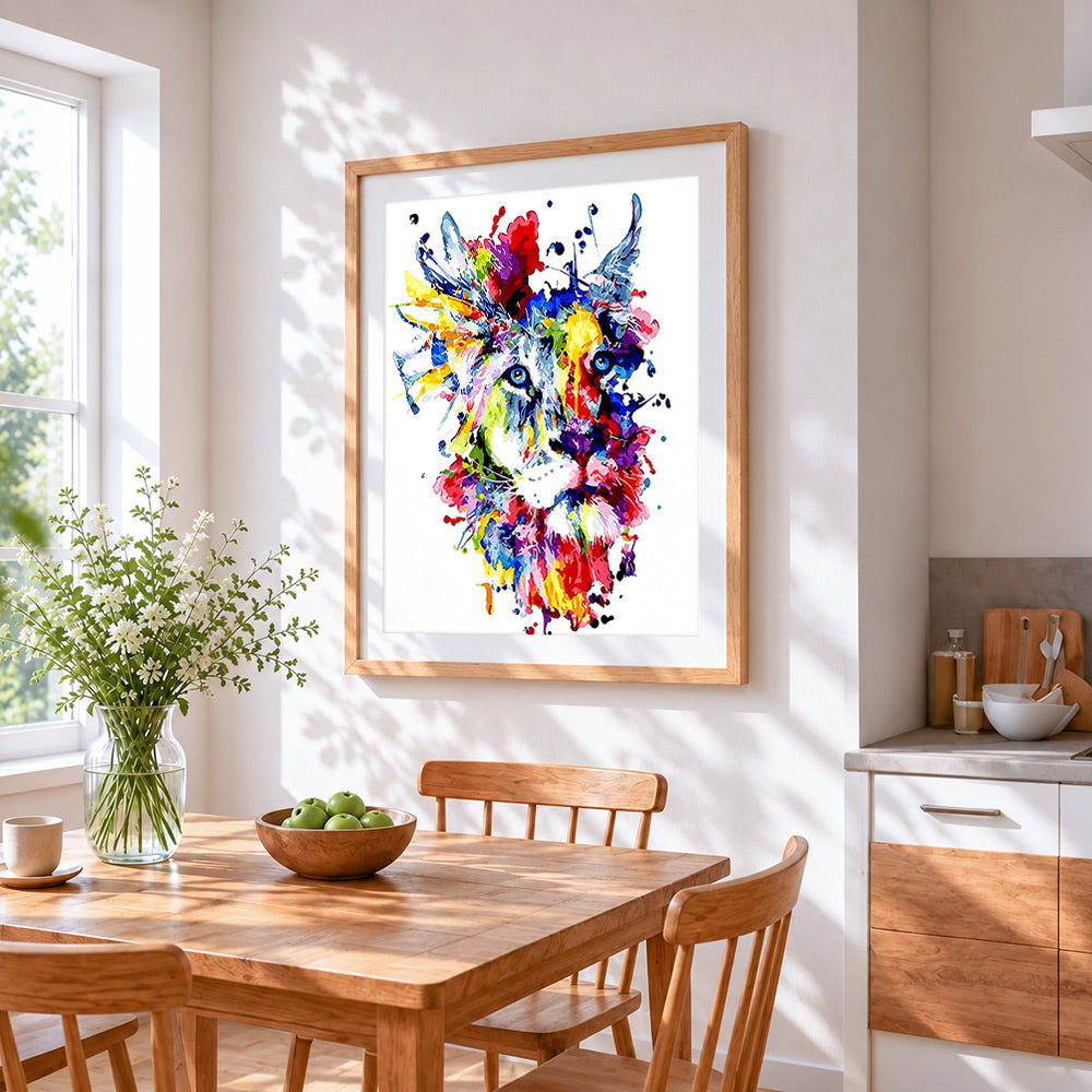 Paint splash lion portrait cross stitch artwork displayed on wall as home decor