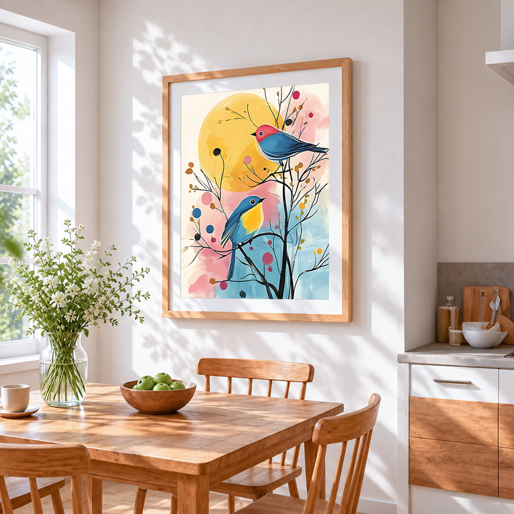 Pair of bluebirds and sun cross stitch artwork displayed on wall as home decor