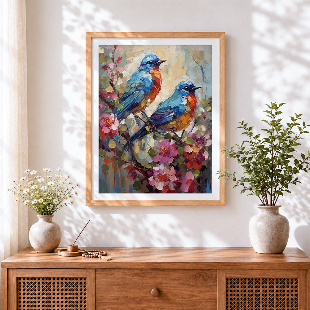 Finished pair of bluebirds on blossoming branch cross stitch artwork displayed
