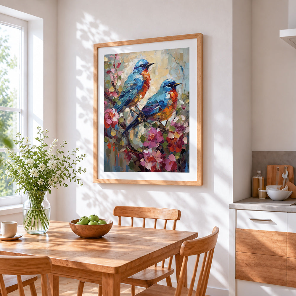 Pair of bluebirds on blossoming branch cross stitch artwork displayed on wall as home decor