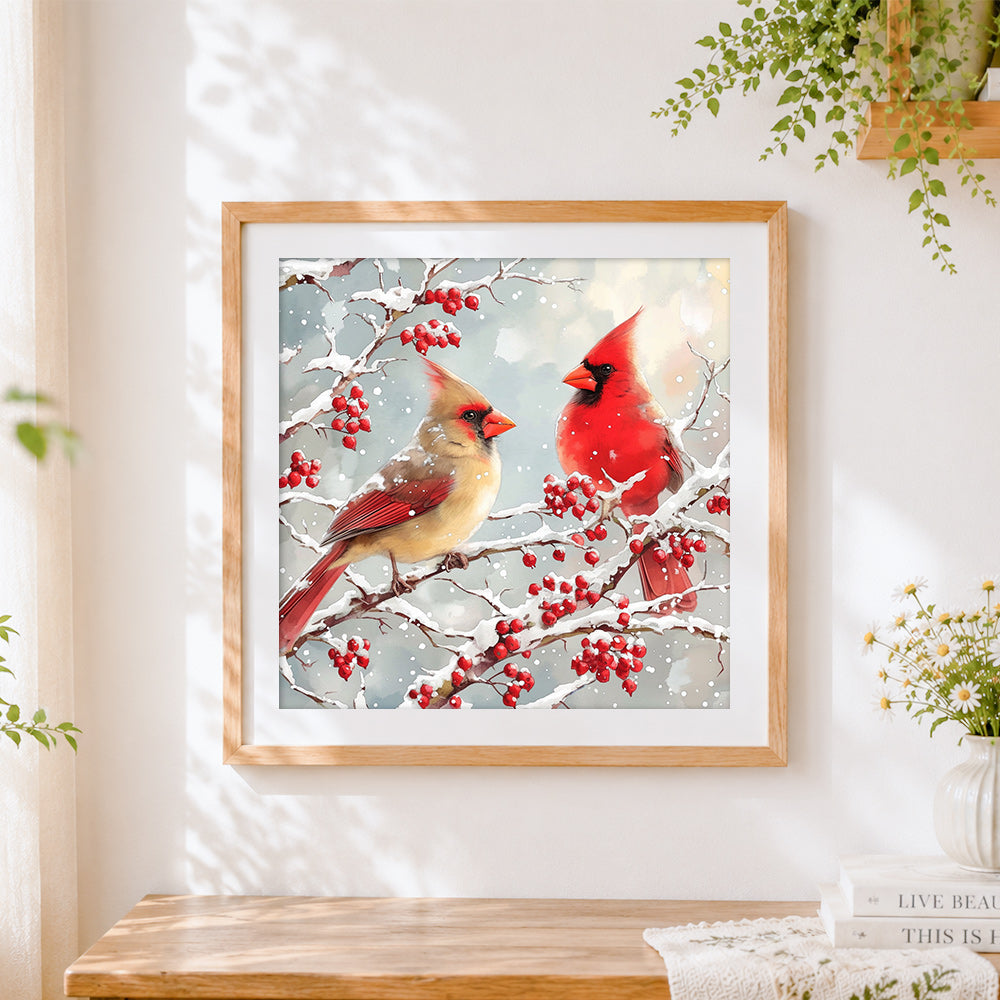 Finished pair of cardinals in the snow cross stitch artwork displayed