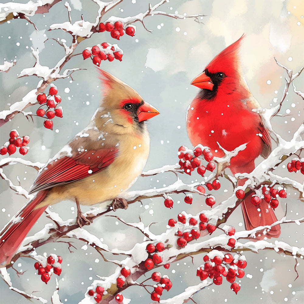 Pair of cardinals in the snow cross stitch kit for beginners