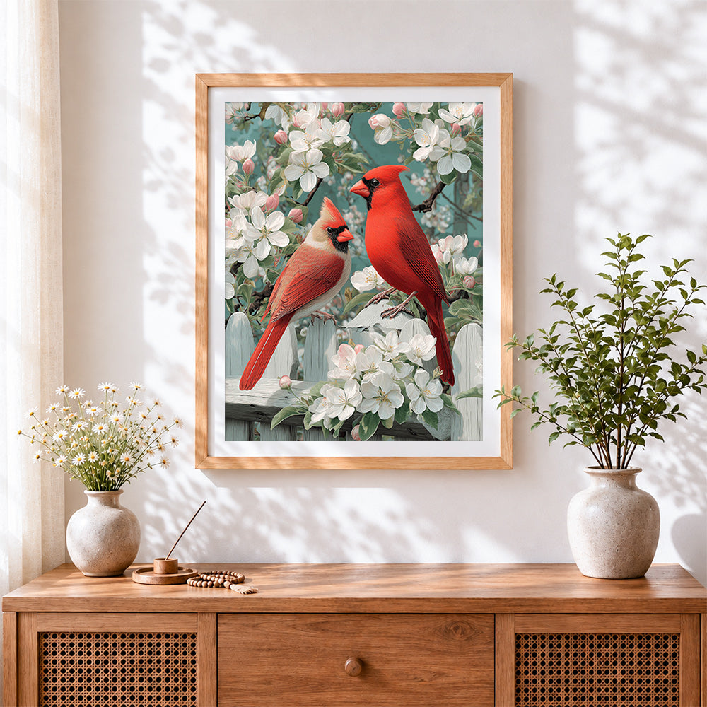 Finished pair of cardinals on blossom branch cross stitch artwork displayed