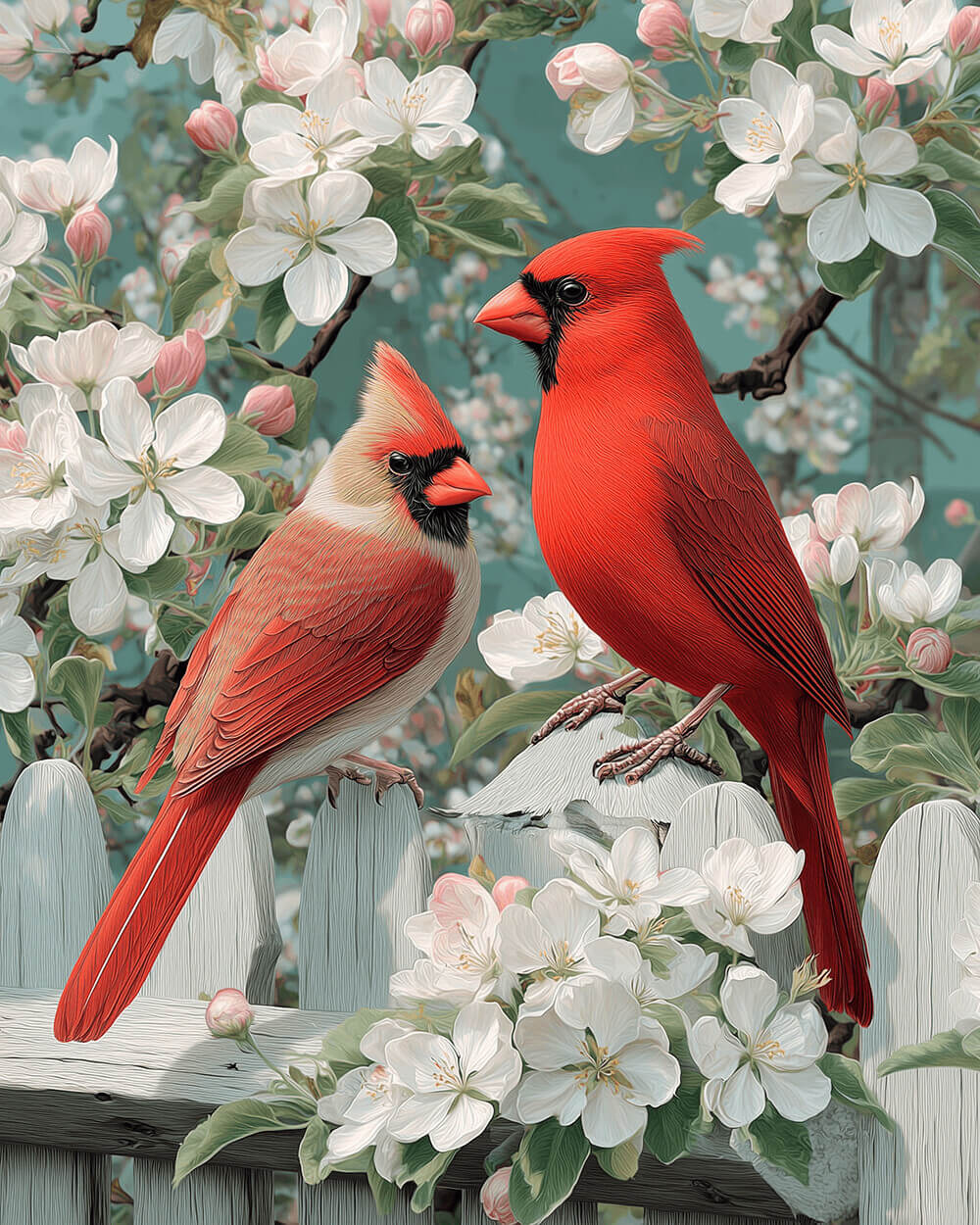Pair of cardinals on blossom branch cross stitch kit for beginners