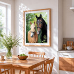 Pair of horses portrait cross stitch artwork displayed on wall as home decor
