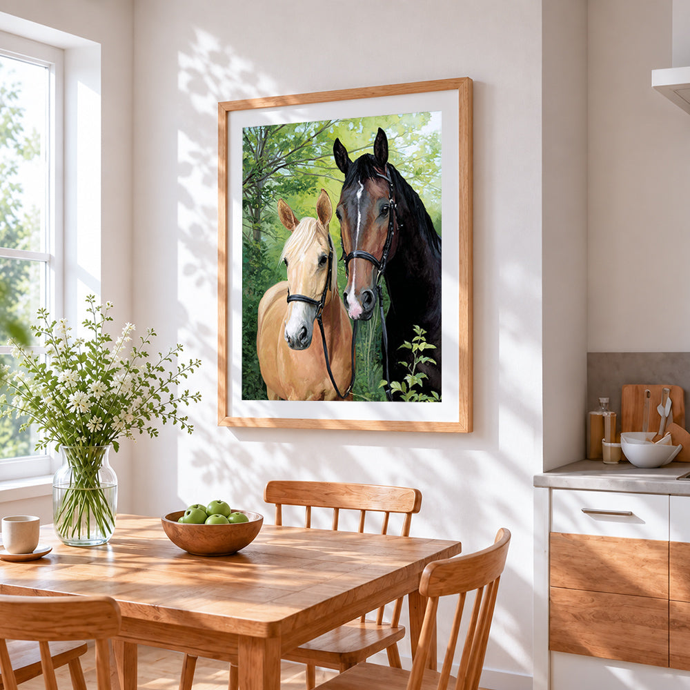Pair of horses portrait cross stitch artwork displayed on wall as home decor