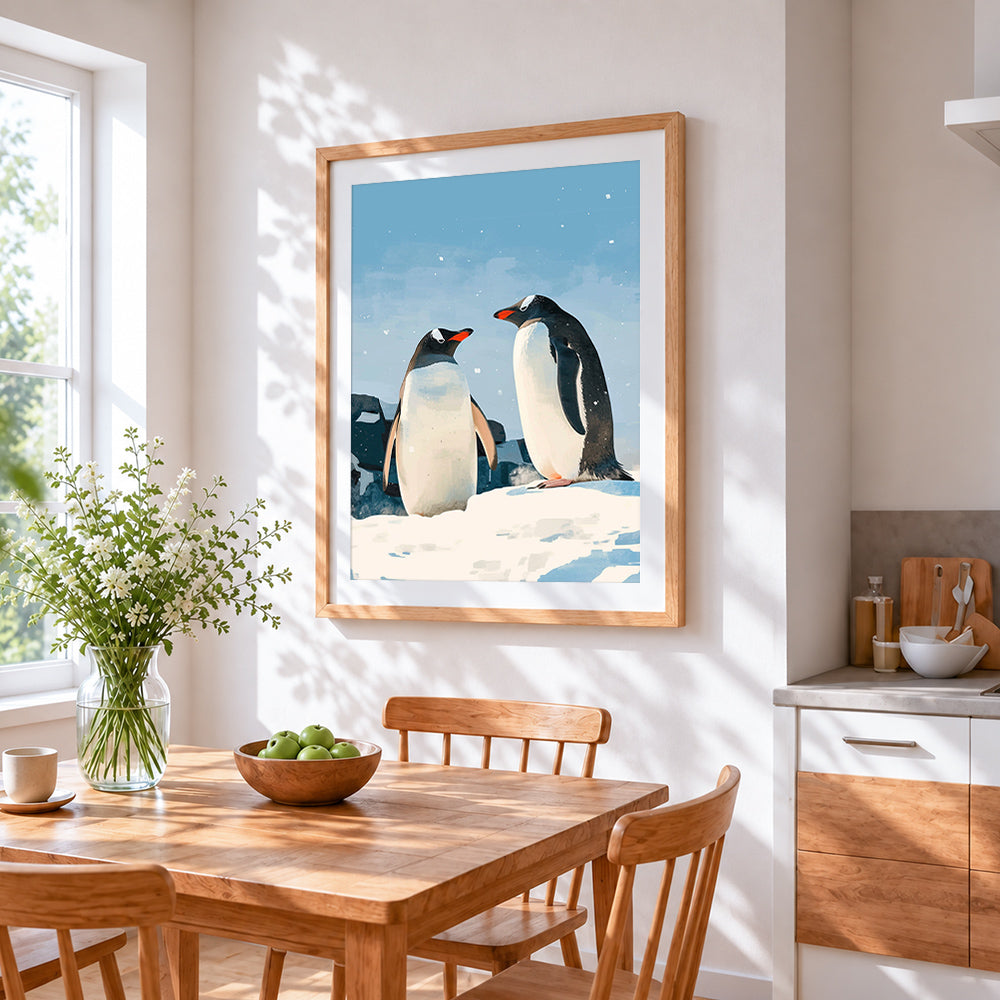 Pair of penguins in the snow cross stitch artwork displayed on wall as home decor