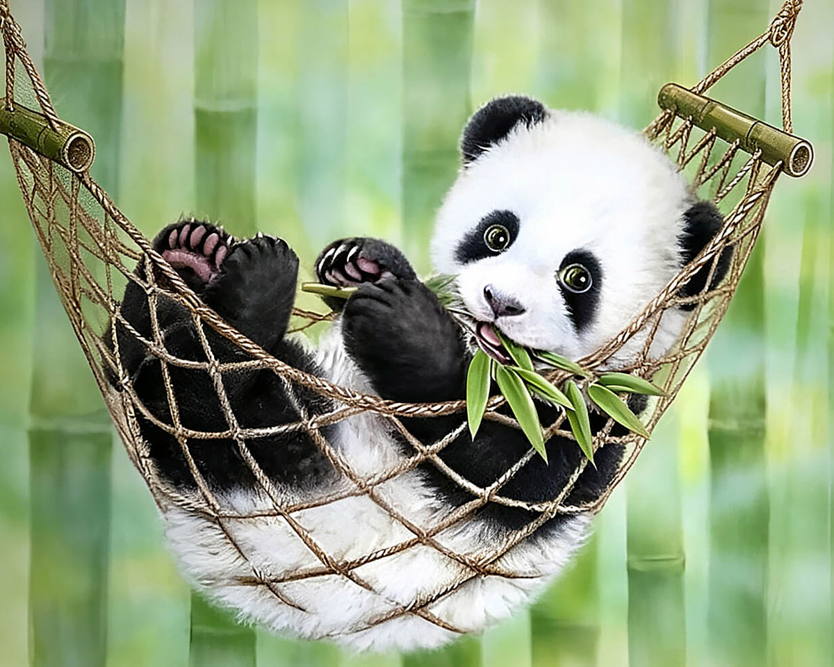 Panda cub in a hammock cross stitch kit for beginners