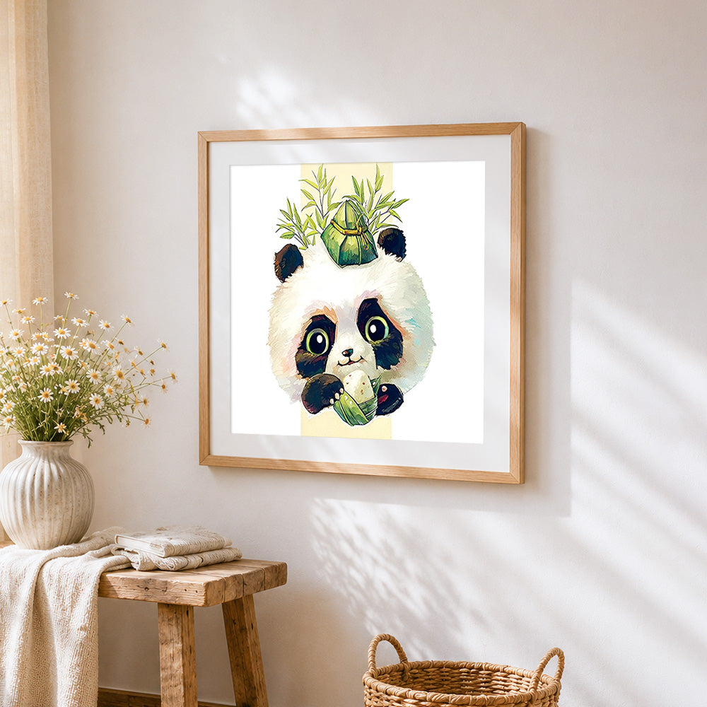 Panda eating rice dumpling cross stitch artwork displayed on wall as home decor