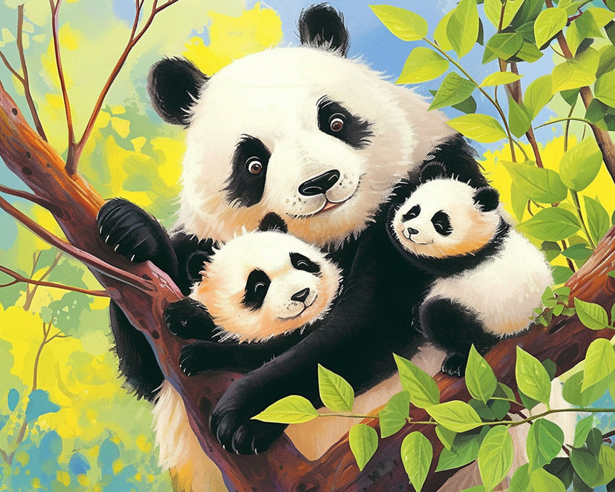 Panda family in a tree cross stitch kit for beginners