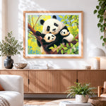 Finished panda family in a tree paint by numbers artwork displayed as home decor