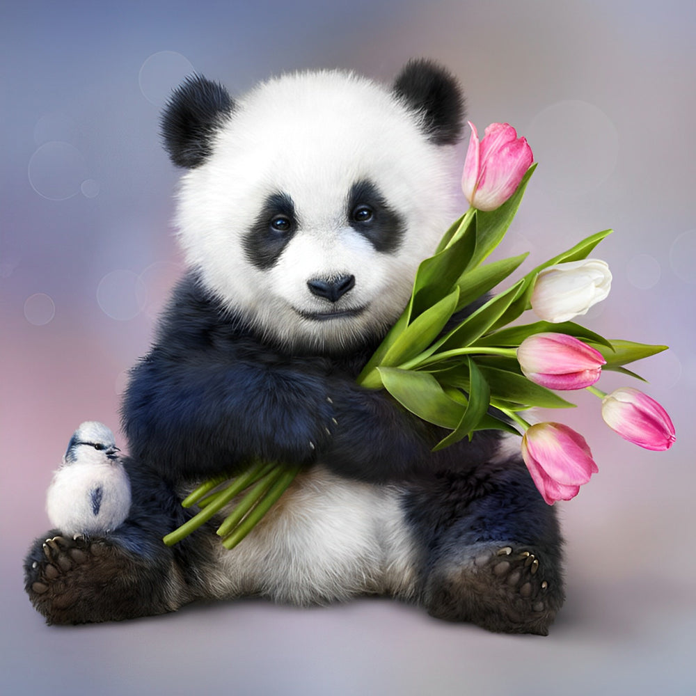Panda hugging pink tulips cross stitch kit for beginners