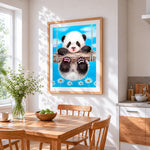 Panda on swing cross stitch artwork displayed on wall as home decor