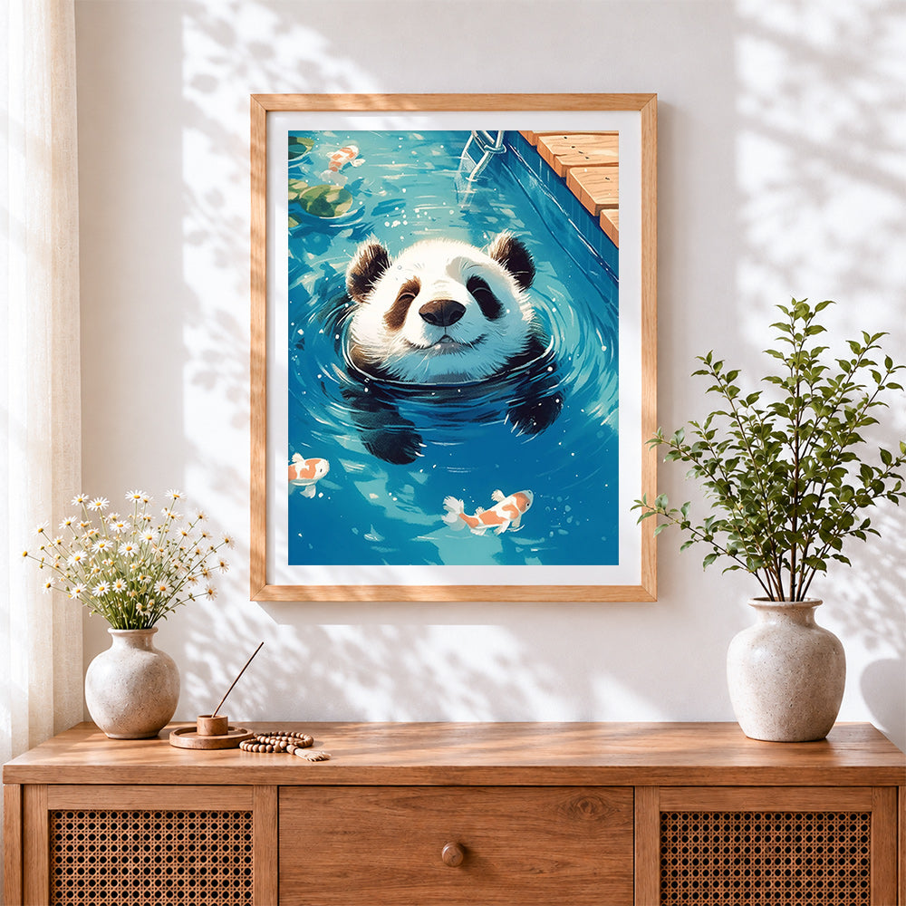 Finished panda swimming with koi fish cross stitch artwork displayed