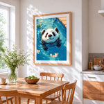 Panda swimming with koi fish cross stitch artwork displayed on wall as home decor