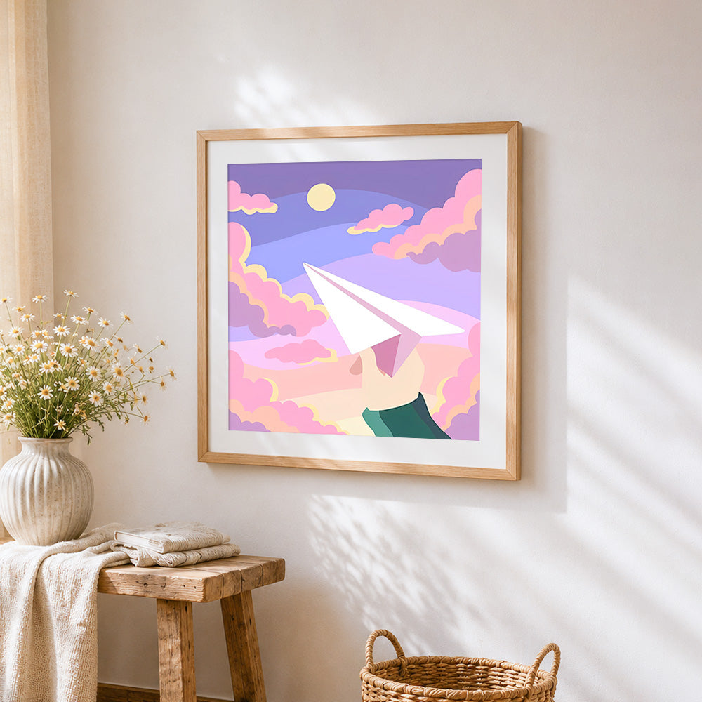Paper aeroplane dreams cross stitch artwork displayed on wall as home decor