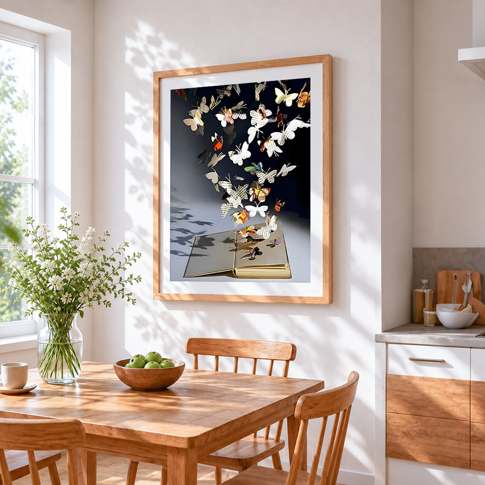 Paper butterflies flying from a book cross stitch artwork displayed on wall as home decor
