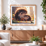 Finished parent child hedgehog paint by numbers artwork displayed as home decor