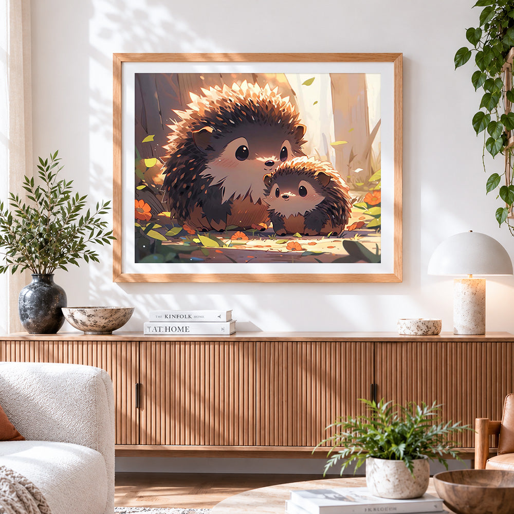Finished parent child hedgehog paint by numbers artwork displayed as home decor
