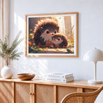 Parent child hedgehog paint by numbers artwork displayed on wall as home decor