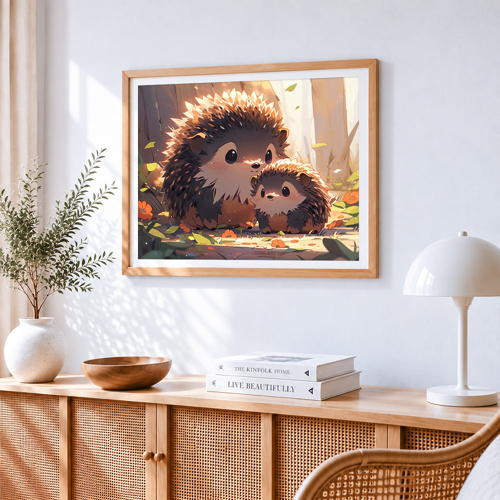 Parent child hedgehog paint by numbers artwork displayed on wall as home decor