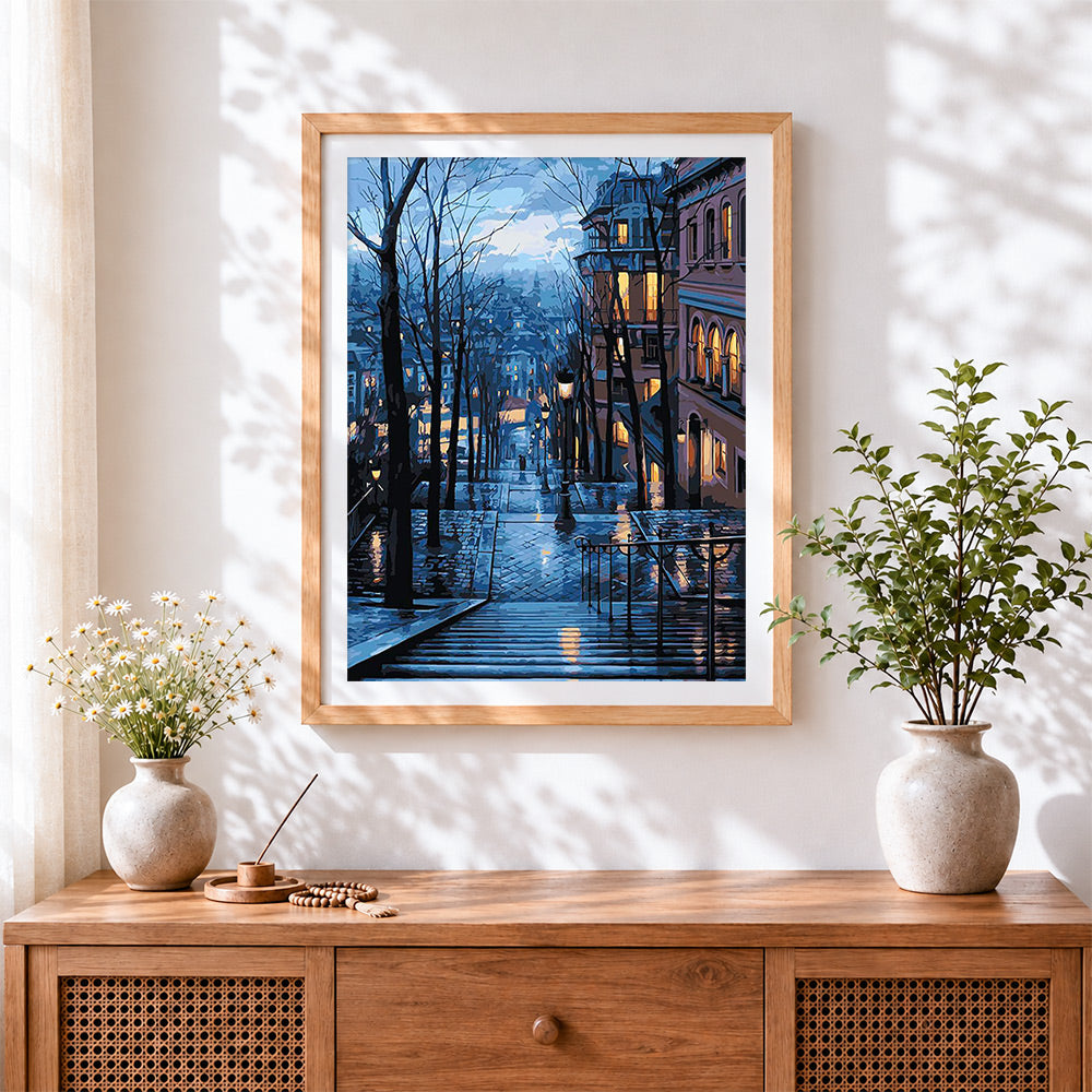 Finished paris montmartre steps cross stitch artwork displayed