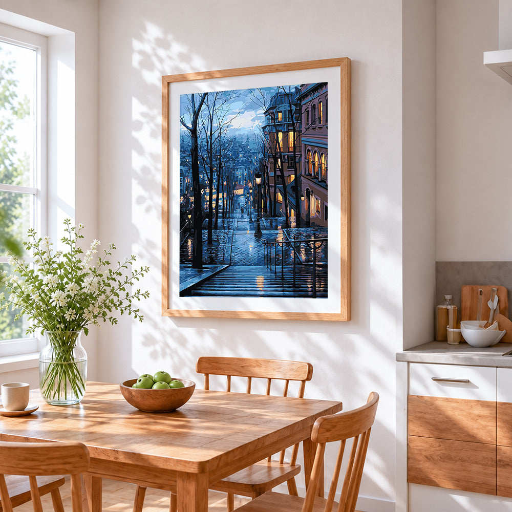 Paris montmartre steps cross stitch artwork displayed on wall as home decor