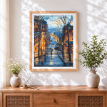 Finished paris rainy street cross stitch artwork displayed