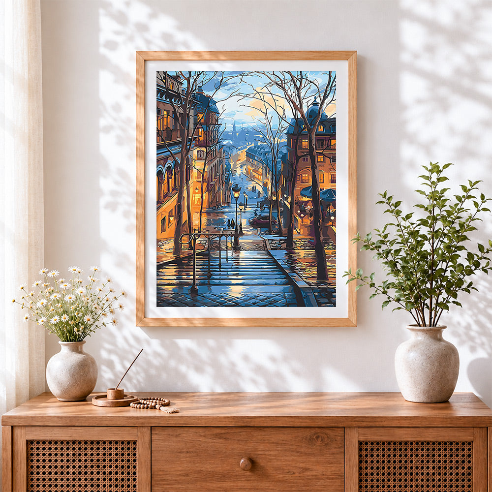 Finished paris rainy street cross stitch artwork displayed