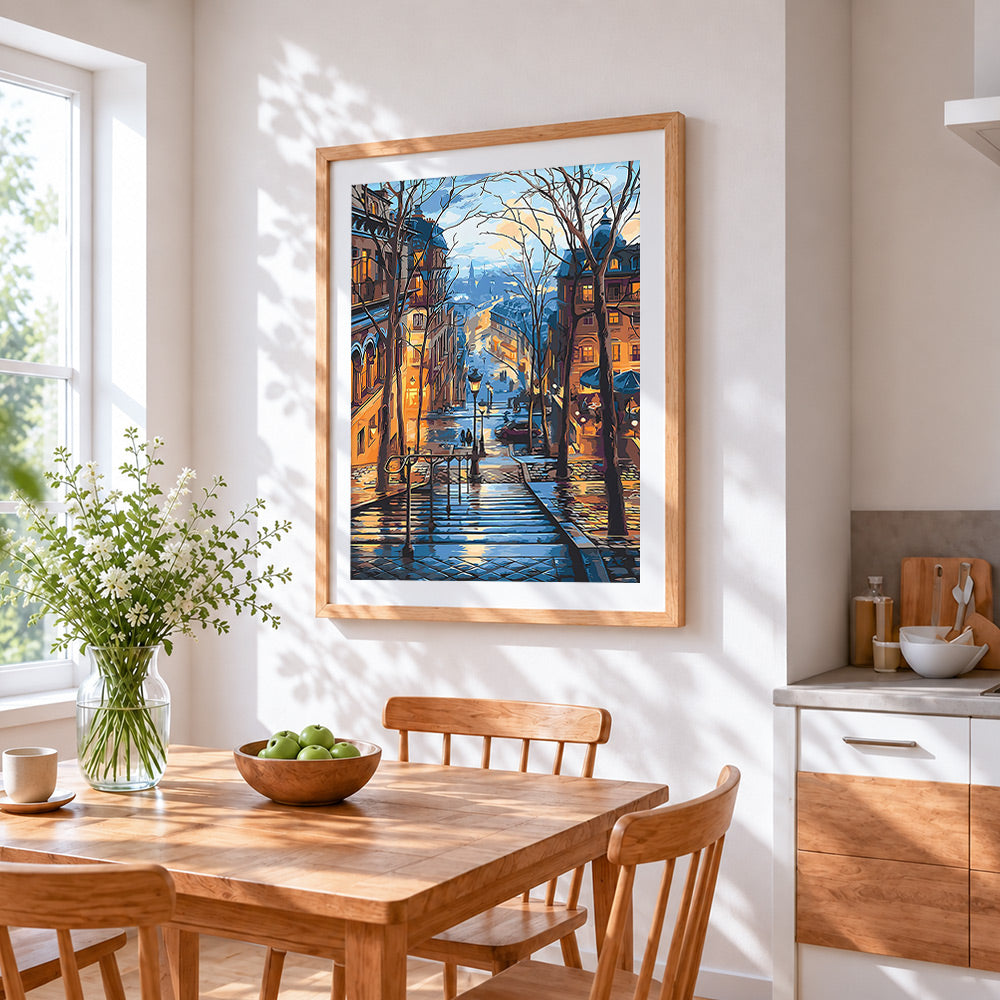 Paris rainy street cross stitch artwork displayed on wall as home decor