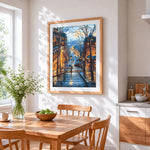 Paris rainy street cross stitch artwork displayed on wall as home decor