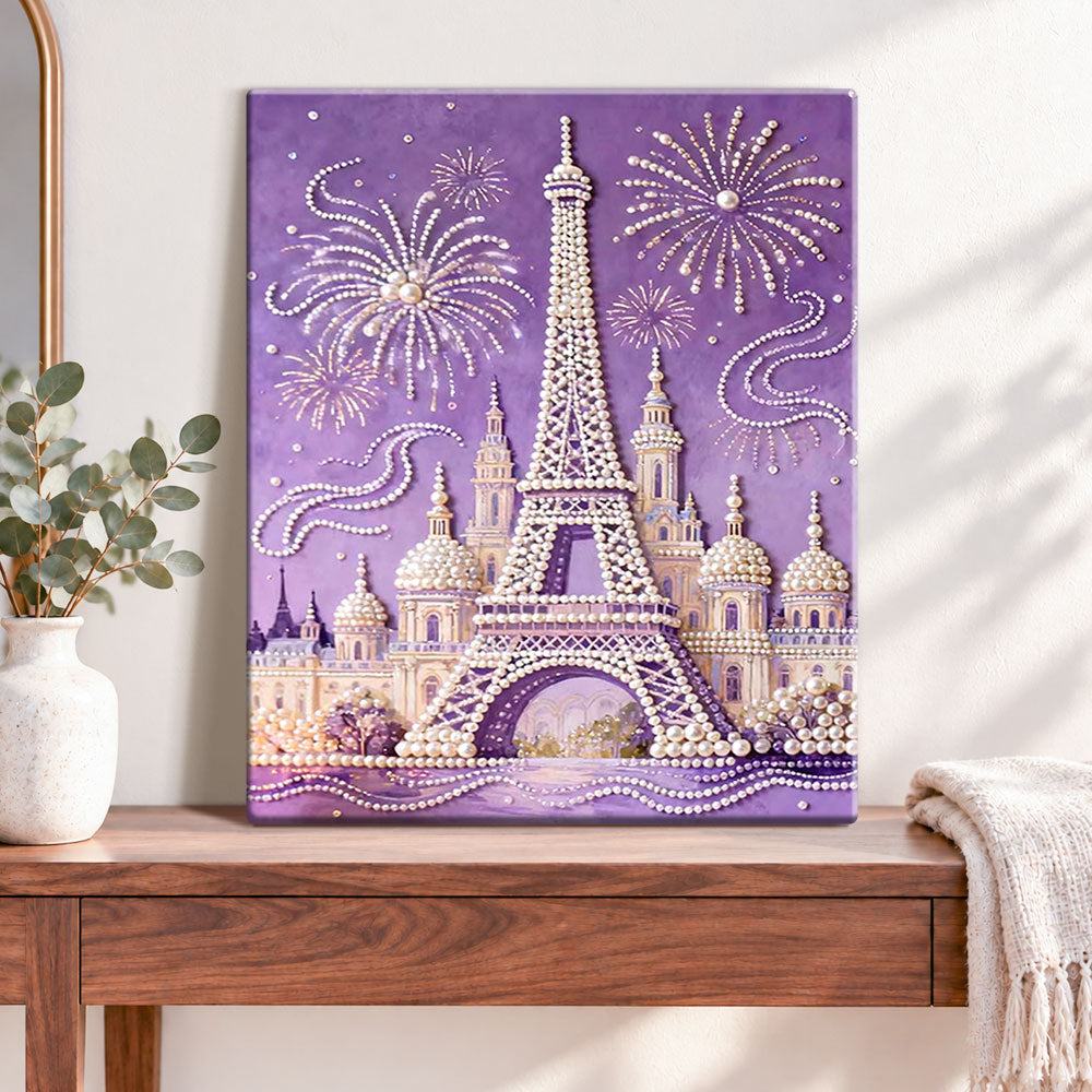 Finished paris tower with fireworks pearl diamond painting artwork displayed as home decor