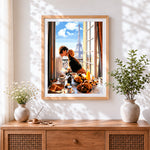 Finished parisian balcony kiss cross stitch artwork displayed