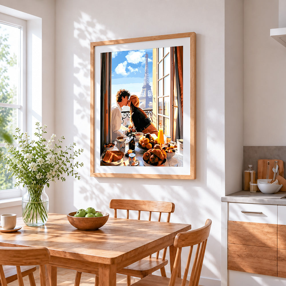 Parisian balcony kiss cross stitch artwork displayed on wall as home decor