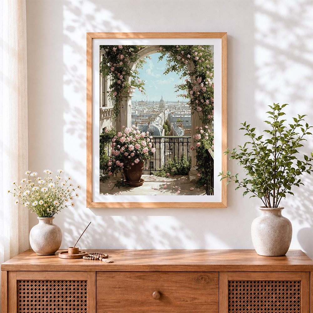 Finished parisian balcony with pink roses cross stitch artwork displayed