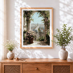 Finished parisian balcony with pink roses cross stitch artwork displayed