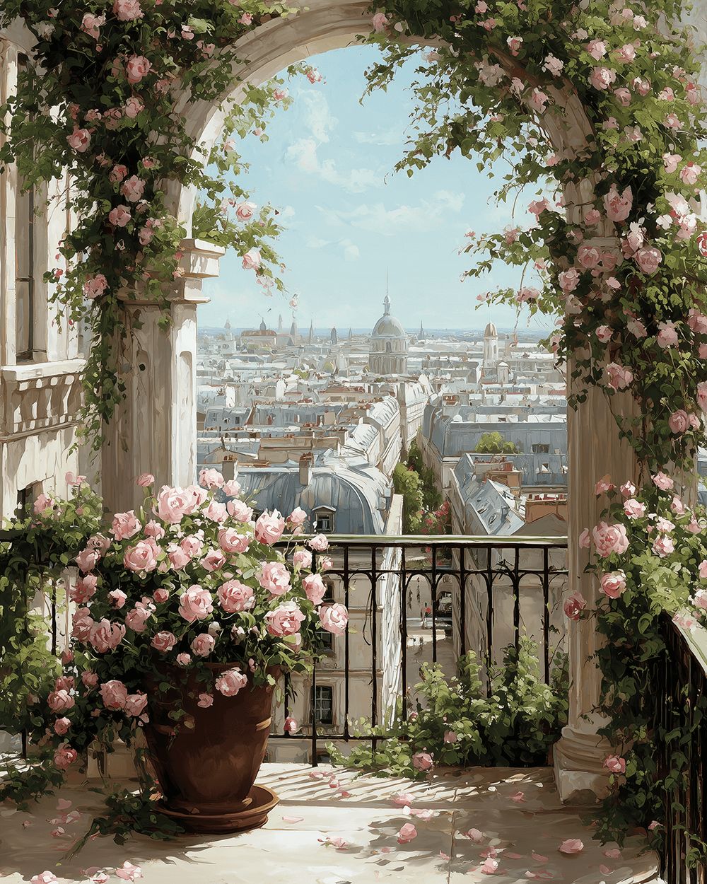 Parisian balcony with pink roses cross stitch kit for beginners