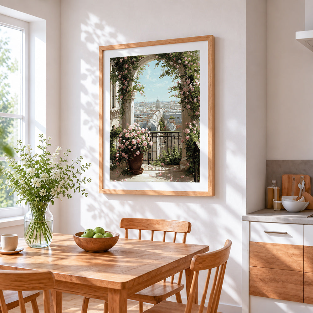 Parisian balcony with pink roses cross stitch artwork displayed on wall as home decor
