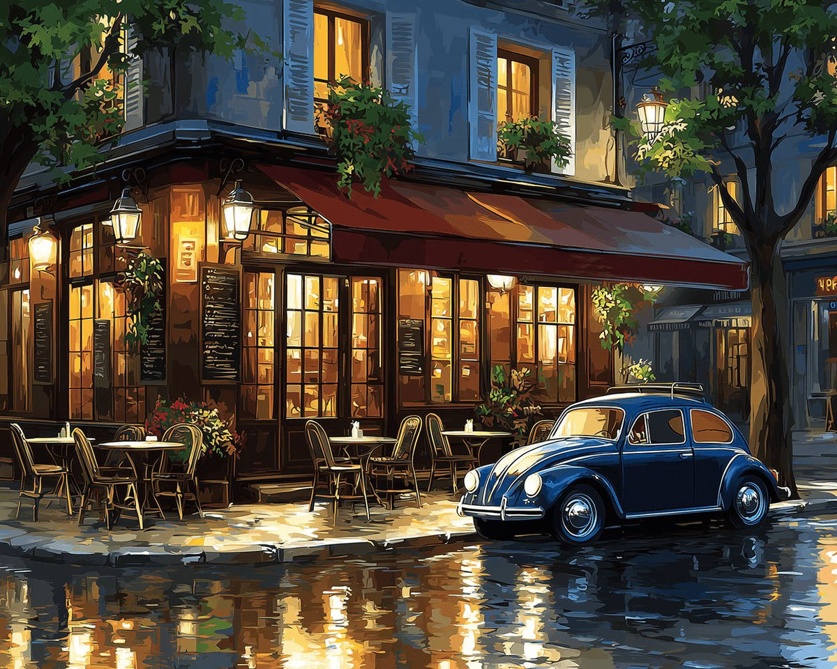 Parisian cafe at night cross stitch kit for beginners