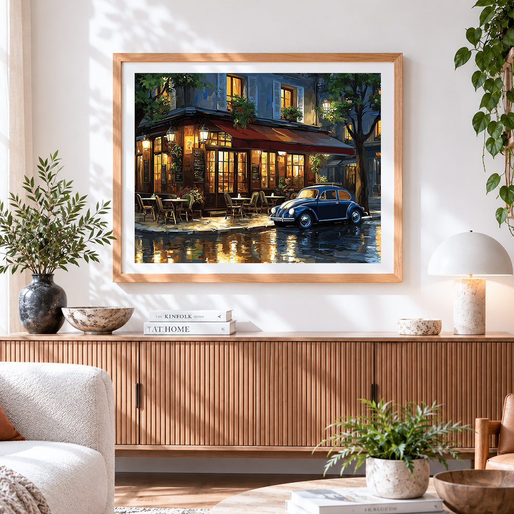 Finished parisian cafe at night paint by numbers artwork displayed as home decor