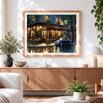 Finished parisian cafe at night paint by numbers artwork displayed as home decor