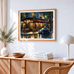 Parisian cafe at night paint by numbers artwork displayed on wall as home decor