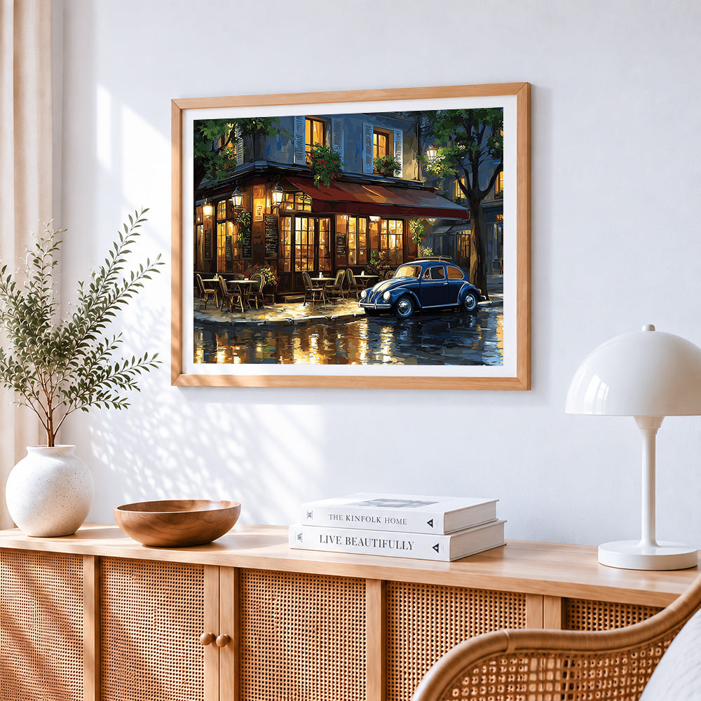 Parisian cafe at night paint by numbers artwork displayed on wall as home decor
