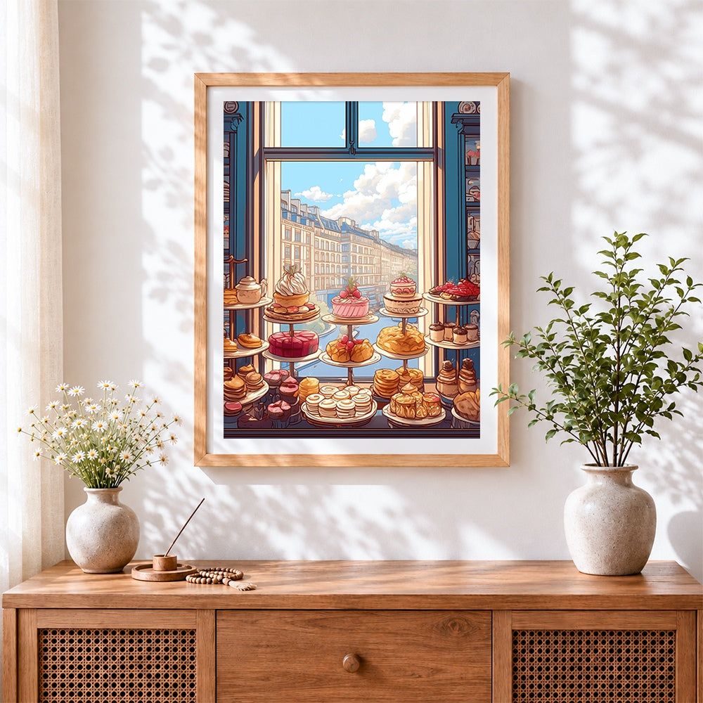 Finished parisian patisserie window view cross stitch artwork displayed
