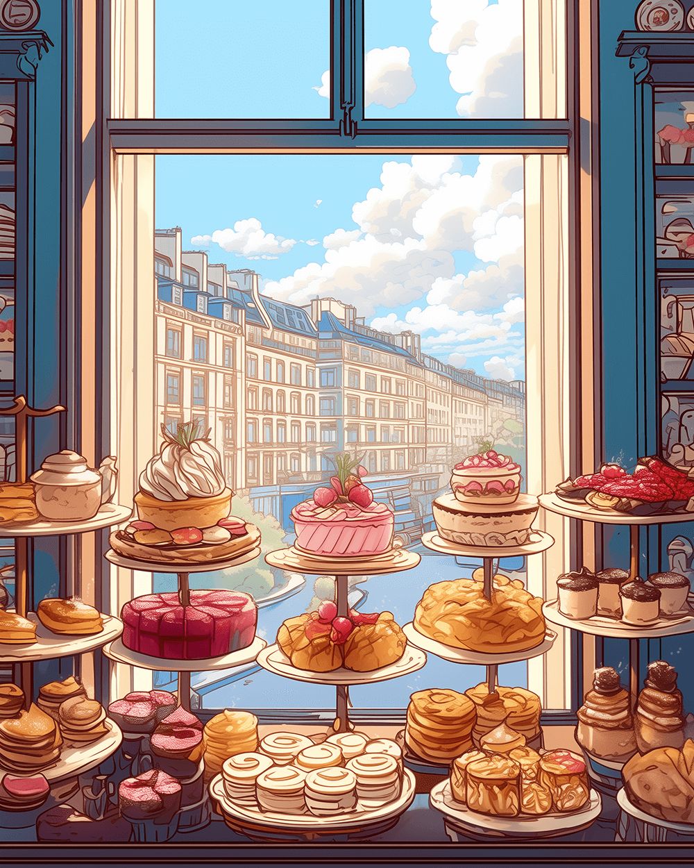 Parisian patisserie window view cross stitch kit for beginners