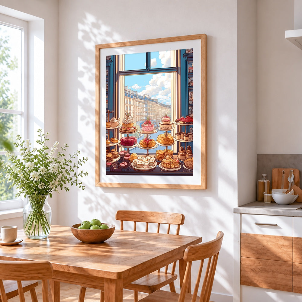 Parisian patisserie window view cross stitch artwork displayed on wall as home decor
