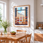 Parisian patisserie window view cross stitch artwork displayed on wall as home decor