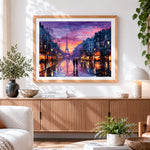Finished parisian street at sunset cross stitch artwork displayed